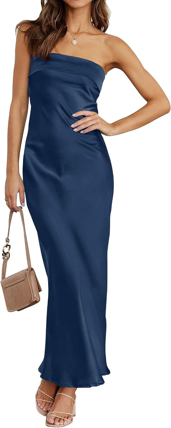 Satin Strapless Backless Bodycon Maxi Dress in Dark Blue