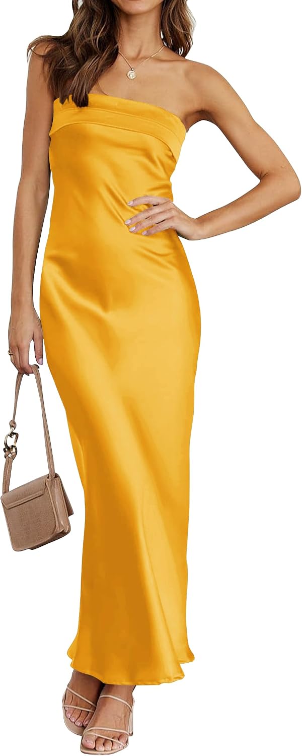 Satin Strapless Backless Bodycon Maxi Dress in Gold