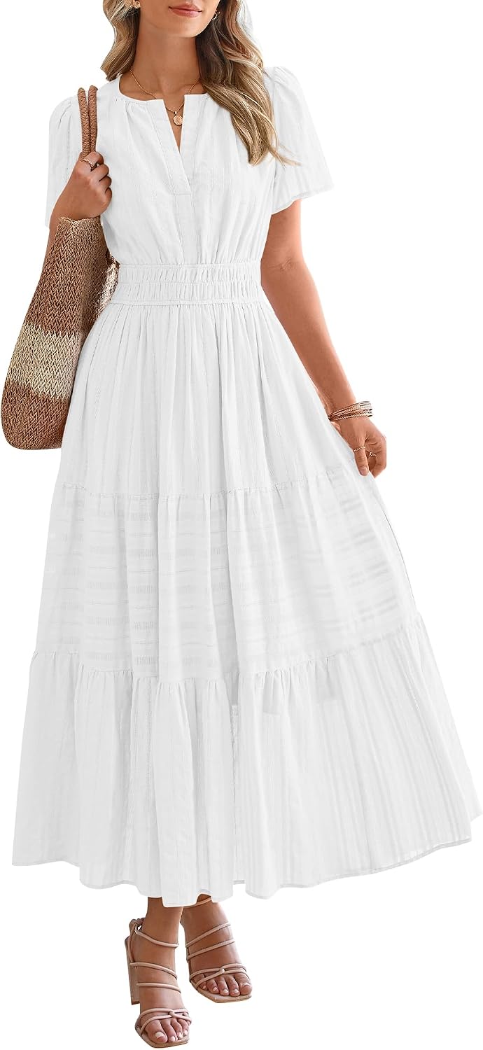 V-Neck Short-Sleeve Elastic-Waist Maxi Dress in White