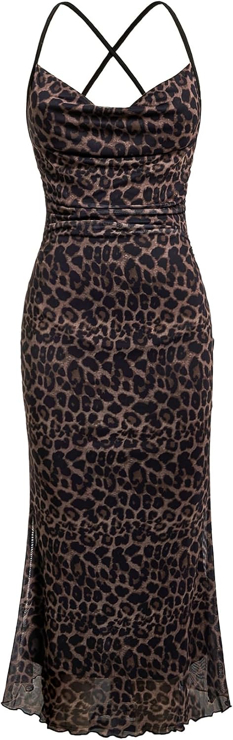 Floral Mesh Cowl-Neck Cami Maxi Dress in Multicolor Leopard