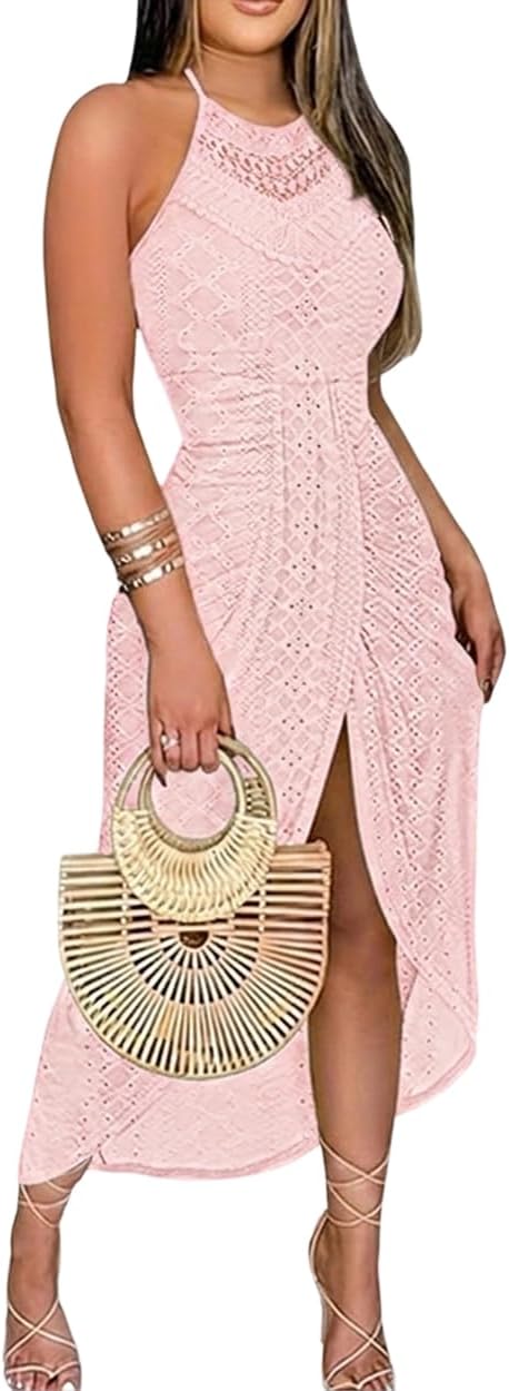 Eyelet Halter Cut-Out A-Line Dress in Light Pink