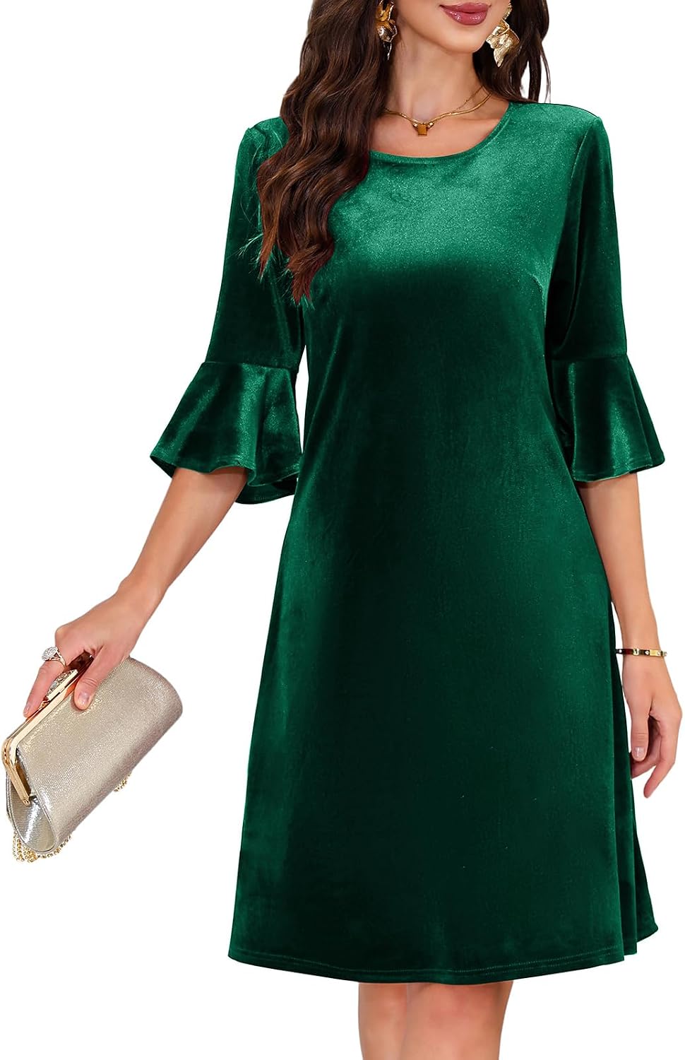 Chiffon Bell-Sleeve Crew-Neck A-Line Dress in Dark Green