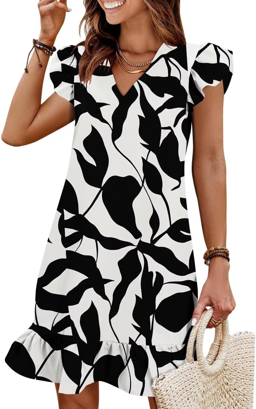 Flutter-Sleeve V-Neck Ruffle-Hem Mini Sundress in Black Leaf print