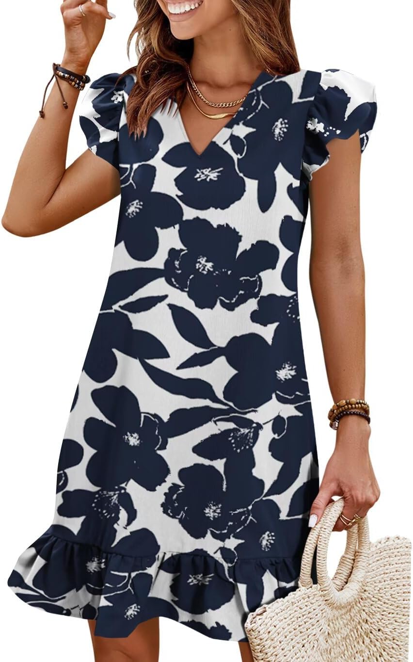 Flutter-Sleeve V-Neck Ruffle-Hem Mini Sundress in Blue White print