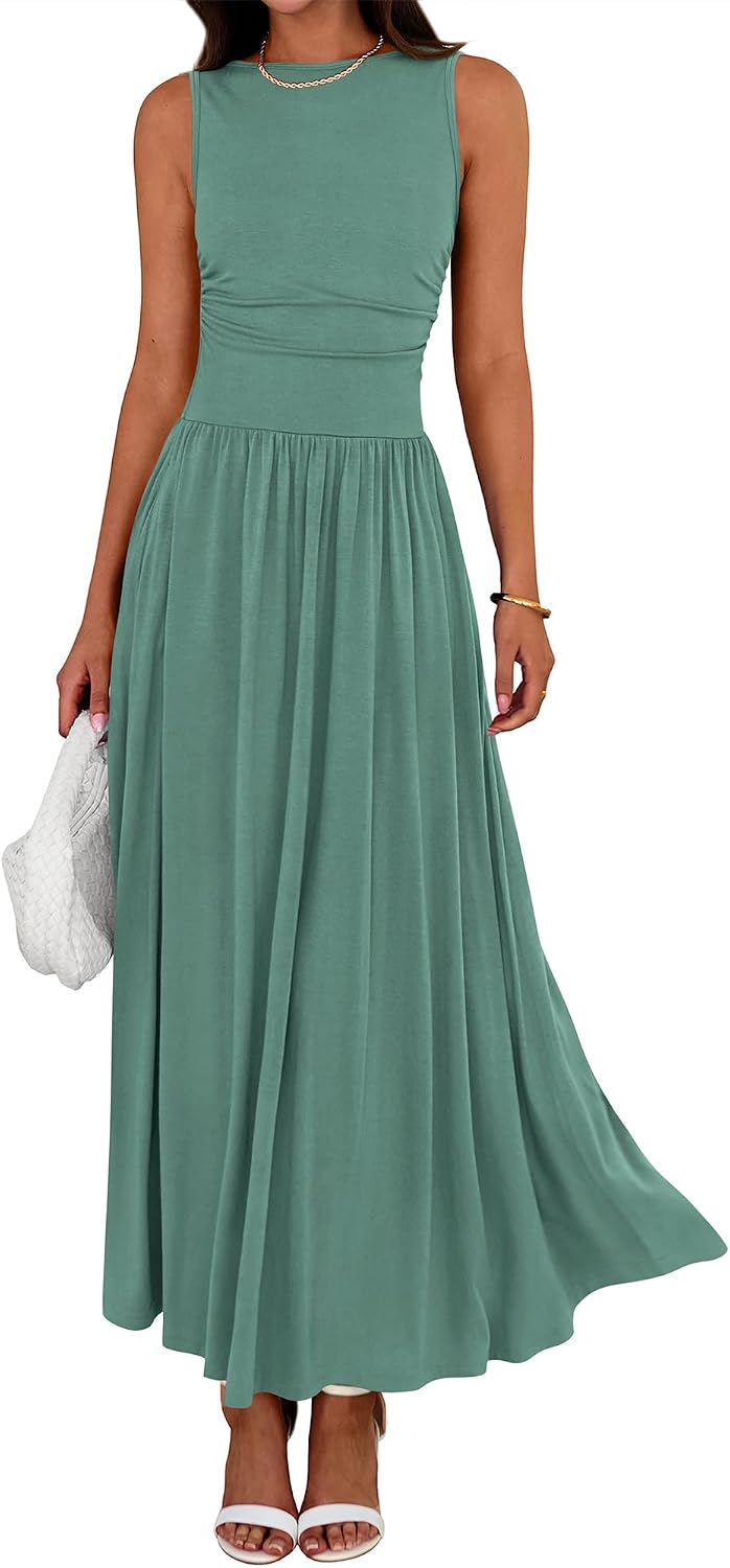 Crew-Neck Ruched Tank Maxi Dress in Sage Green