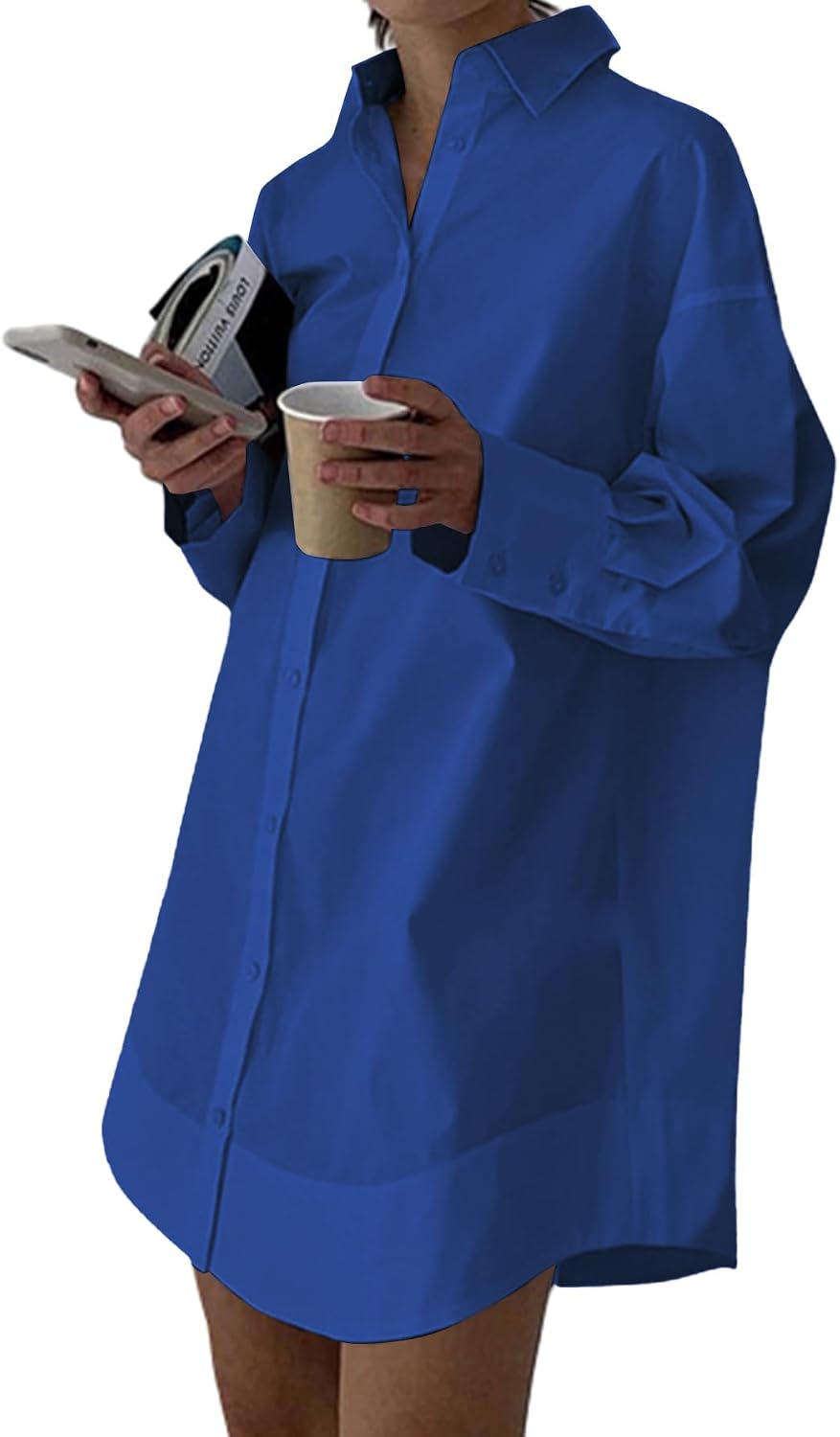 Collared V-Neck Long-Sleeve Button-Down Shirt Dress in Royal Blue