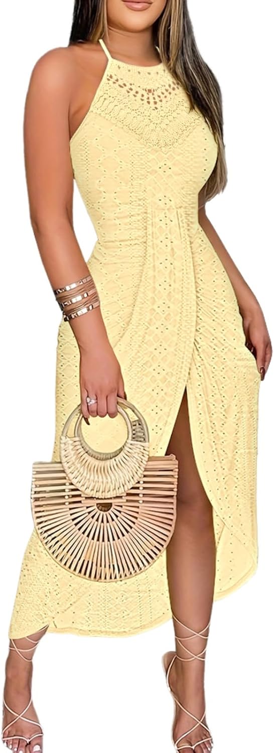 Eyelet Halter Cut-Out A-Line Dress in Yellow