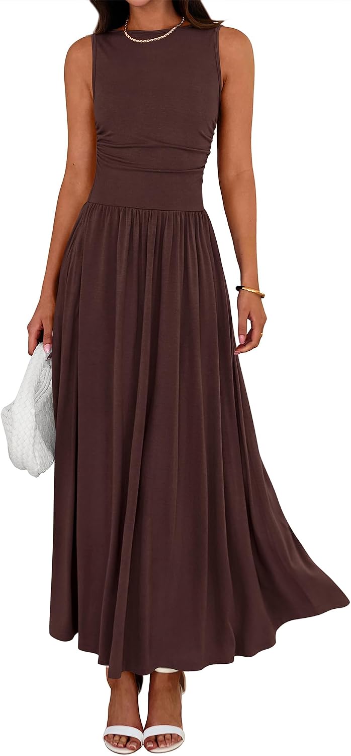 Crew-Neck Ruched Tank Maxi Dress in Coffee