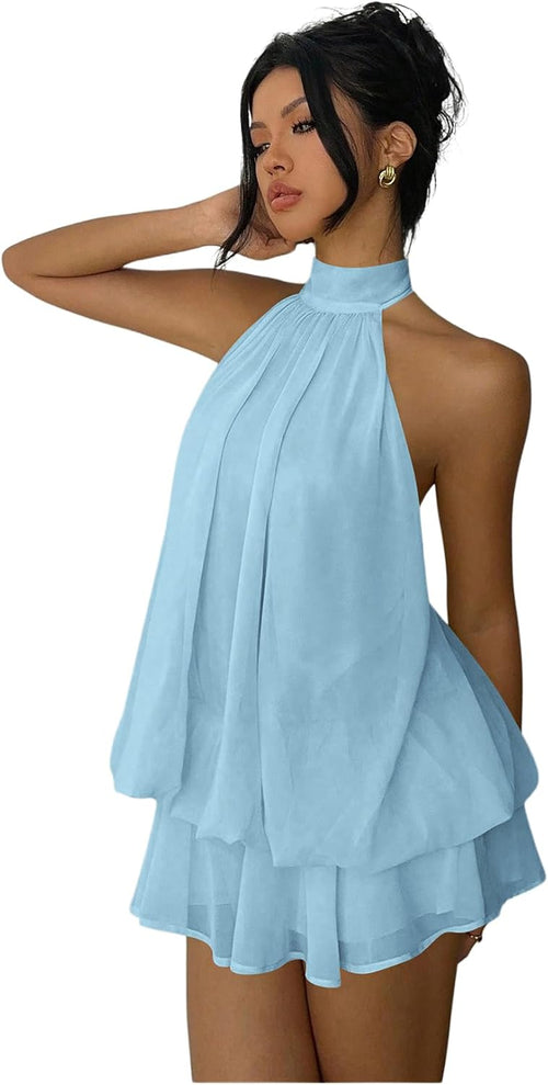 Chiffon Halter Drop-Waist Ruffle-Hem Mini Dress in Blue