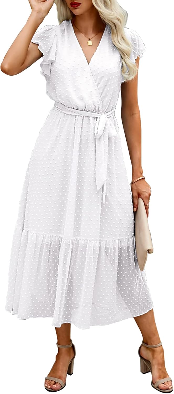 Swiss Dot Wrap V-Neck Belted Midi Dress in Swiss Dot White