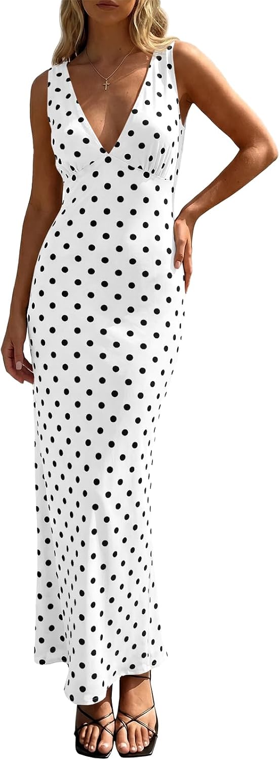 Polka Dot Mesh Deep V-Neck Backless Maxi Dress in White