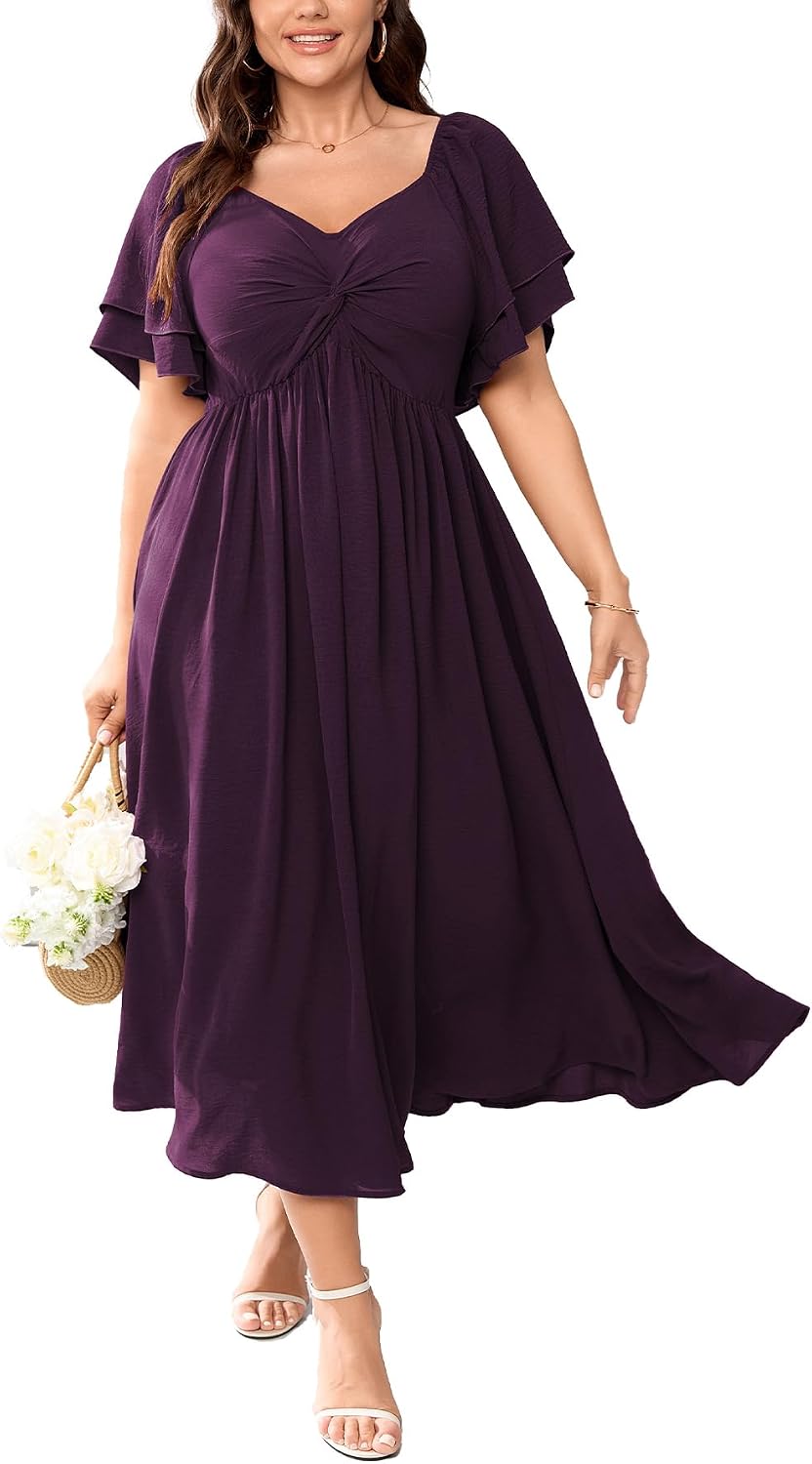 Plus Size Sweetheart Ruffle-Sleeve A-Line Maxi Dress in Purple