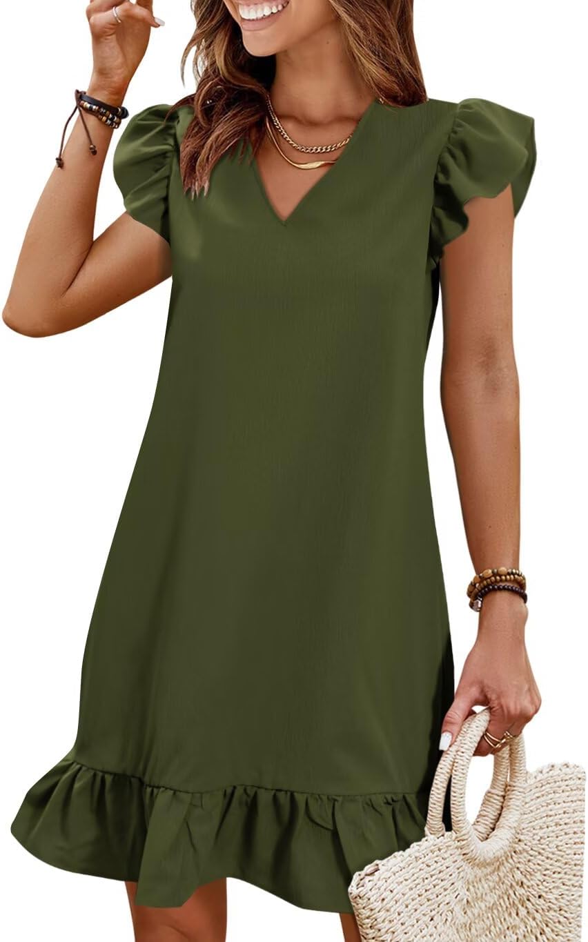Flutter-Sleeve V-Neck Ruffle-Hem Mini Sundress in Army Green