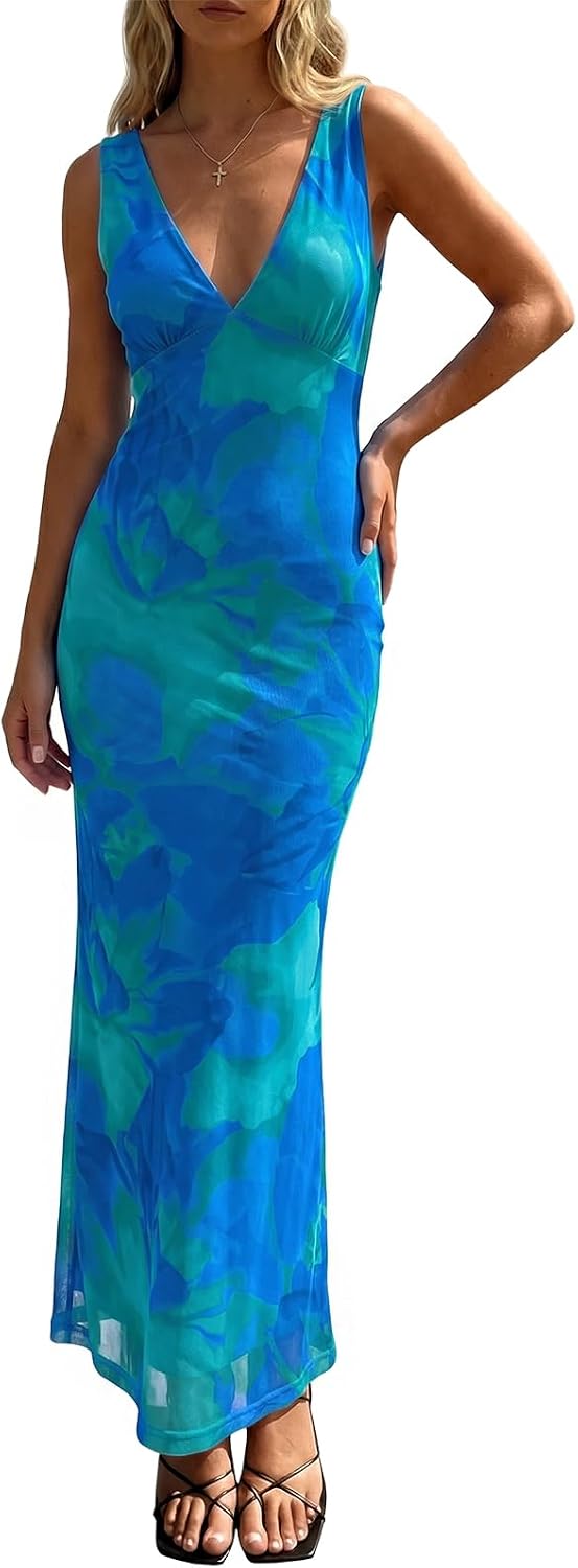 Polka Dot Mesh Deep V-Neck Backless Maxi Dress in Lake Blue