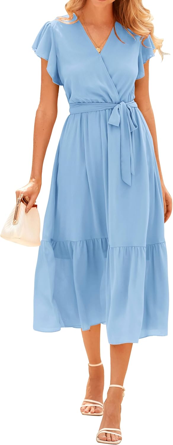 Swiss Dot Wrap V-Neck Belted Midi Dress in Solid Light Blue