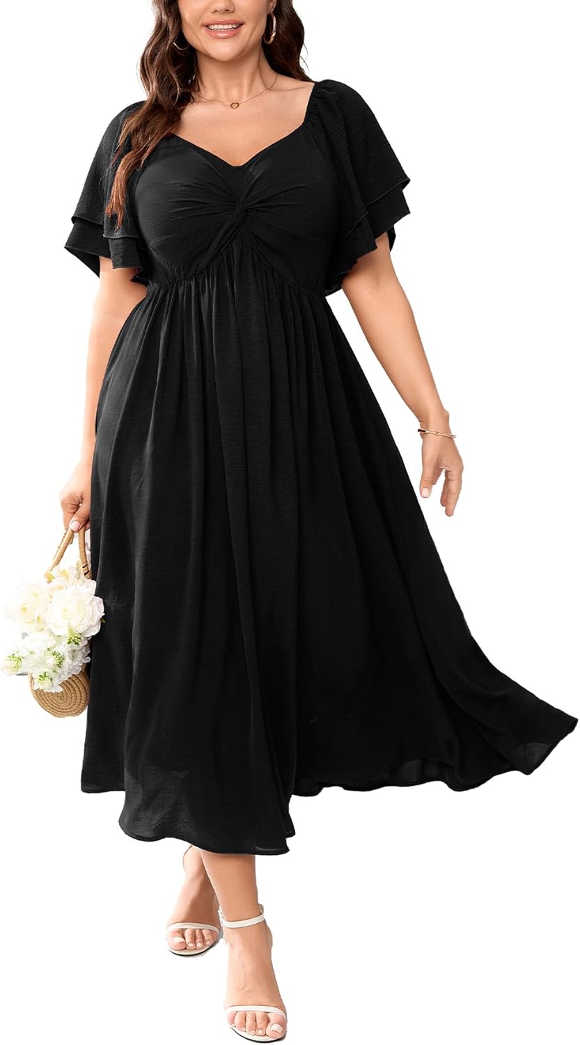 Plus Size Sweetheart Ruffle-Sleeve A-Line Maxi Dress in Black