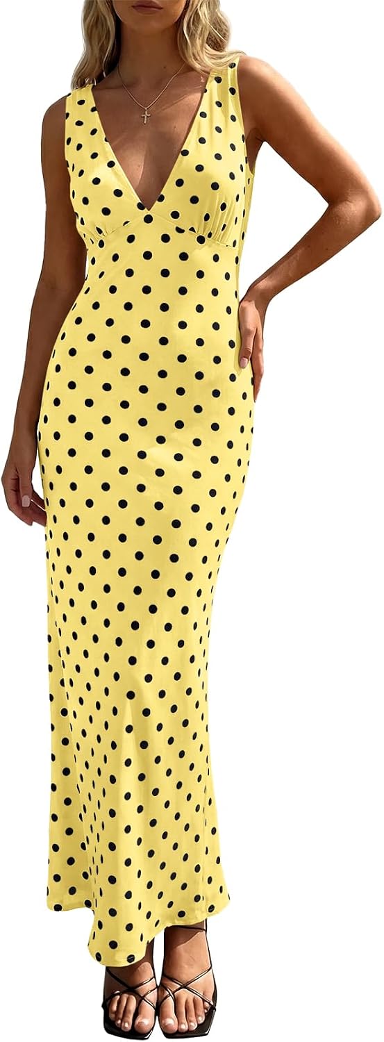 Polka Dot Mesh Deep V-Neck Backless Maxi Dress in Light Yellow