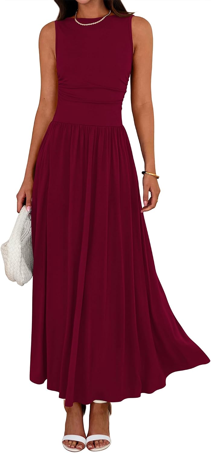 Crew-Neck Ruched Tank Maxi Dress in Wine Red