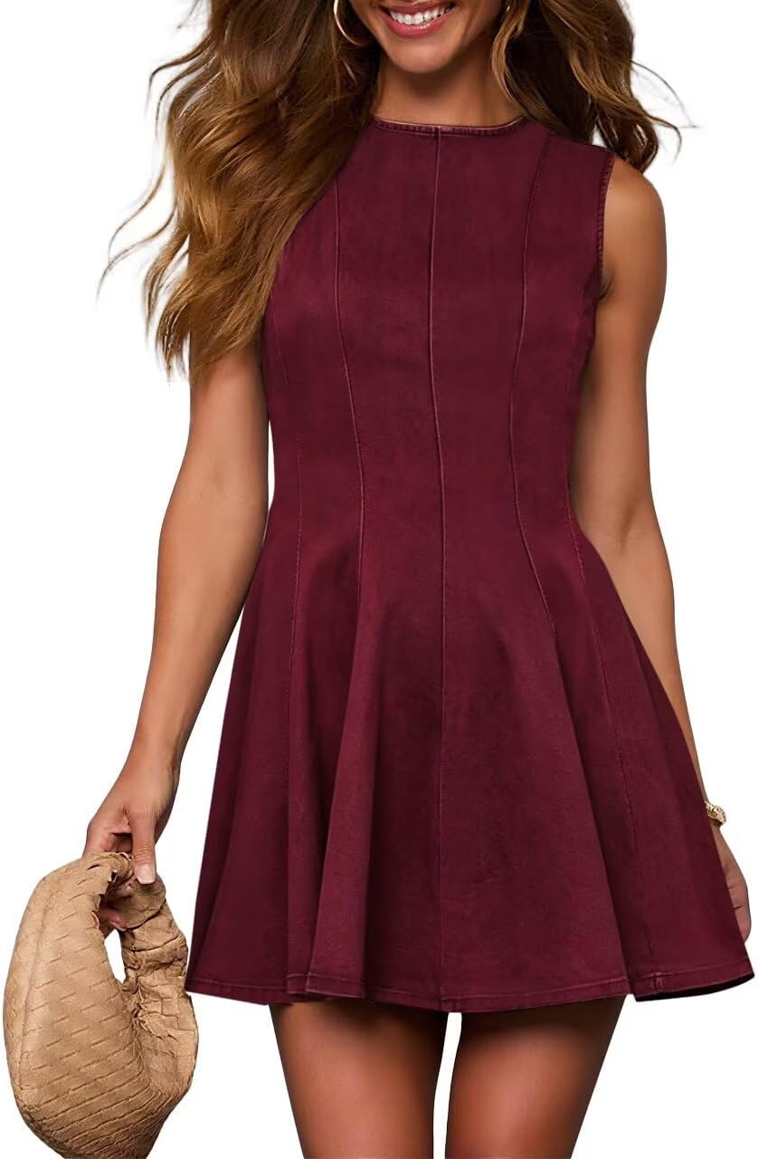 Sleeveless Denim Babydoll Mini Dress in Burgundy