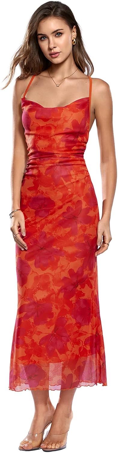Floral Mesh Cowl-Neck Cami Maxi Dress in Multi Floral