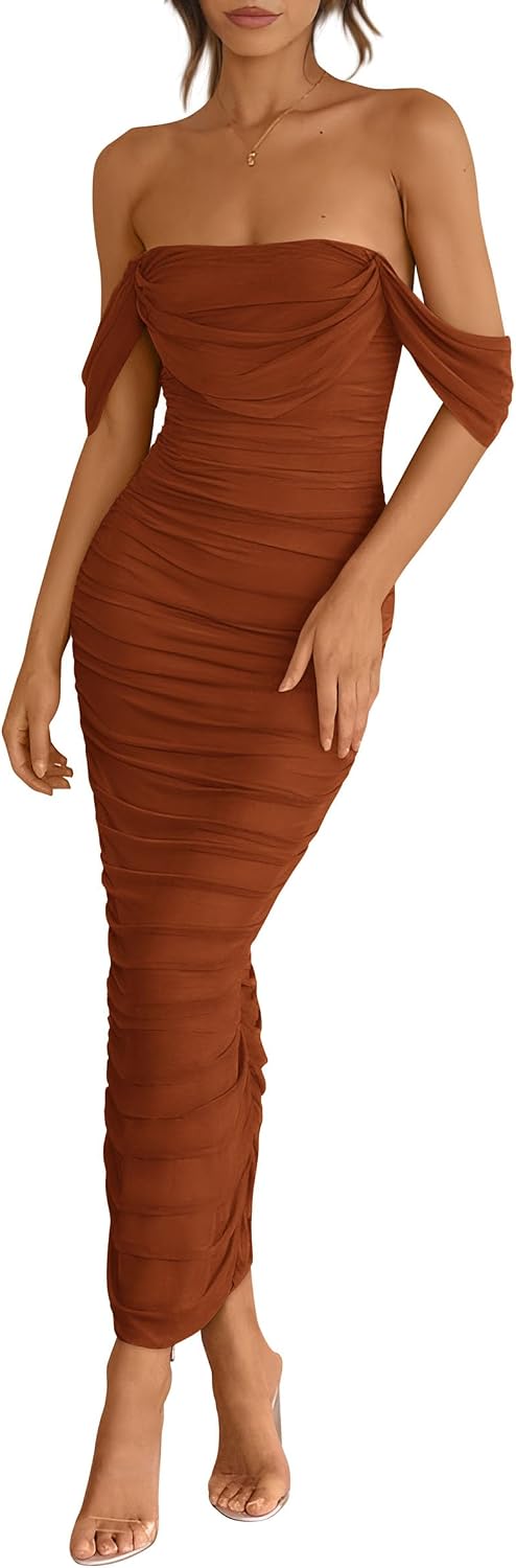 Off-Shoulder Ruched Mesh Maxi Dress with Back Slit in Caramel