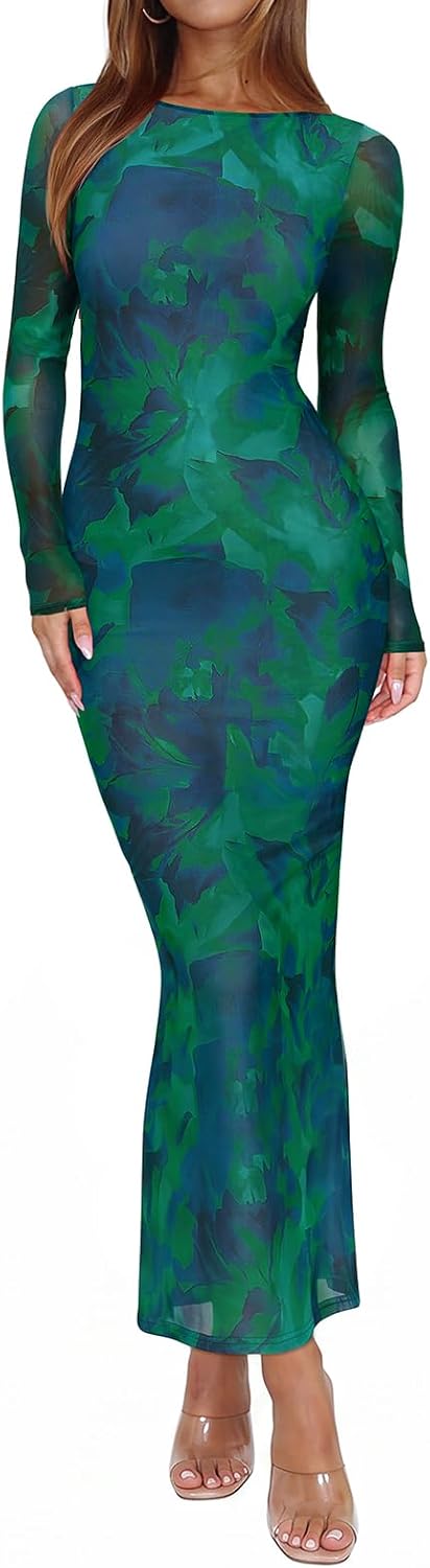 Sheer Mesh Long-Sleeve Floral Bodycon Maxi Dress in Green Bio Tech Floral