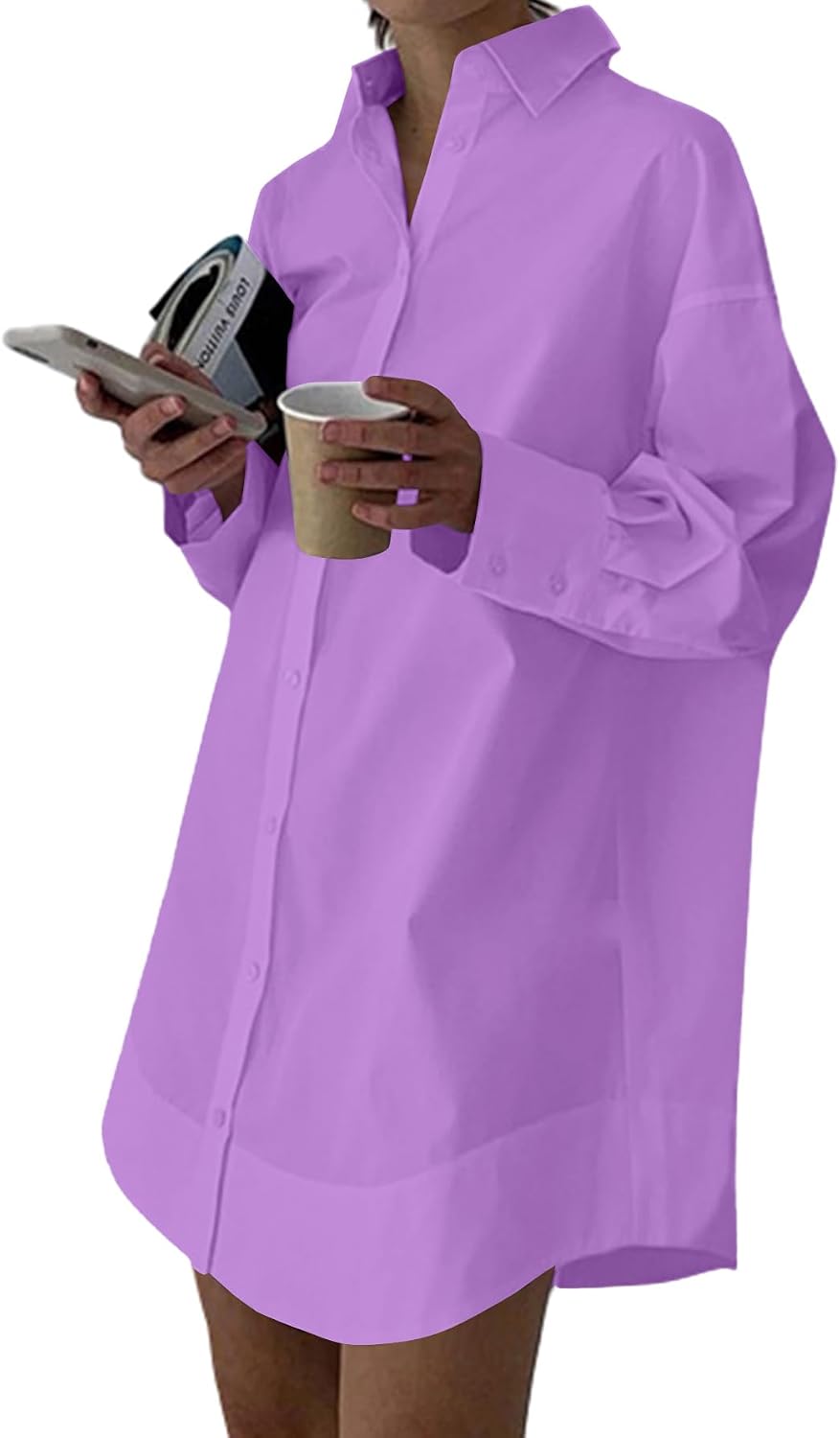 Collared V-Neck Long-Sleeve Button-Down Shirt Dress in Lilac