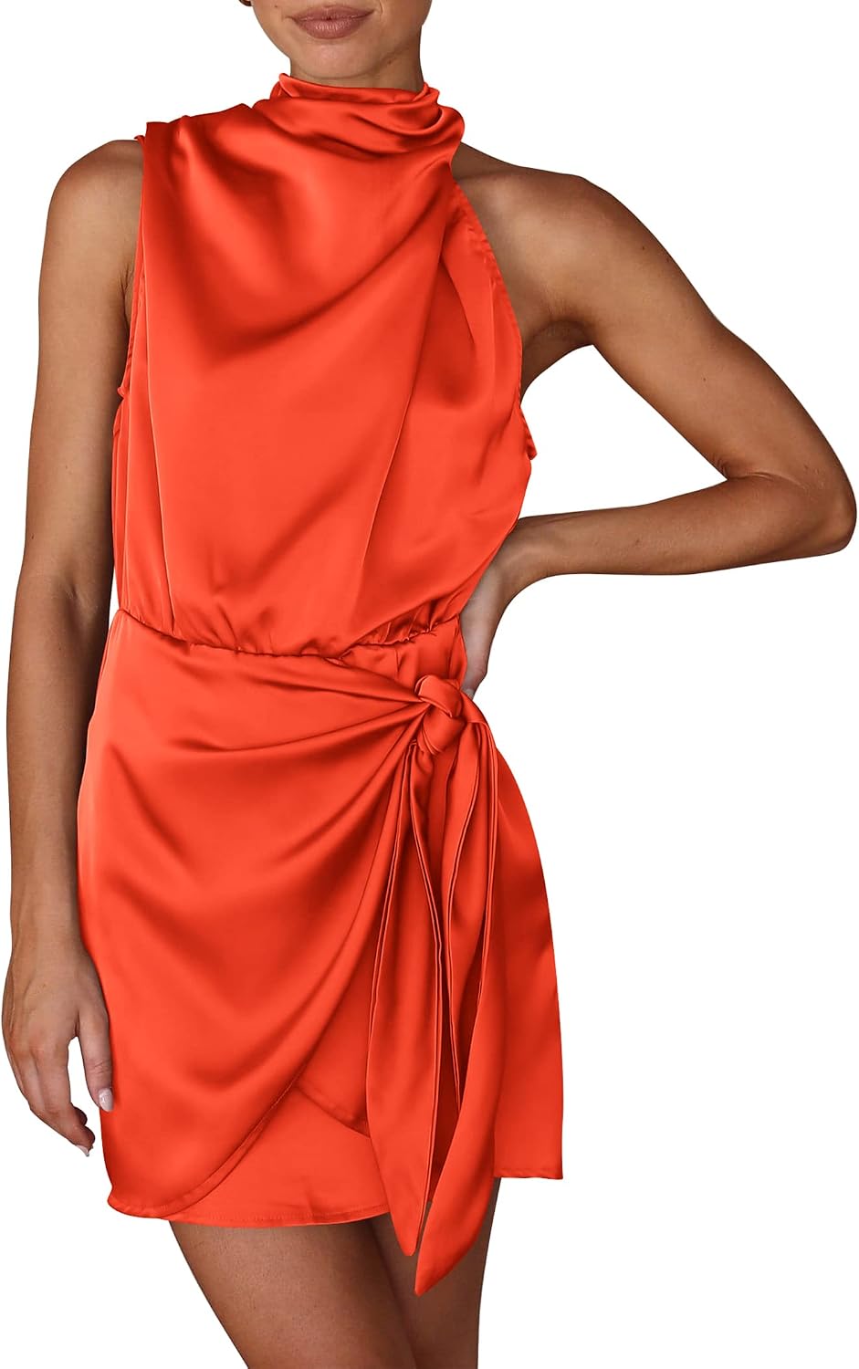 Satin Mock-Neck Asymmetric Ruched Cocktail Dress in Orange