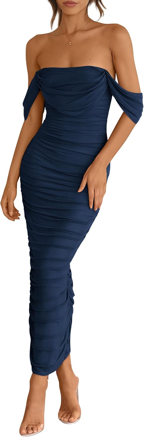 Off-Shoulder Ruched Mesh Maxi Dress with Back Slit in Navy