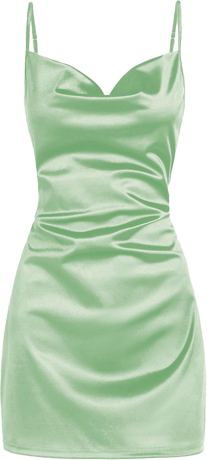 Satin Cowl-Neck Spaghetti Strap Slip Mini Dress in Mint Green