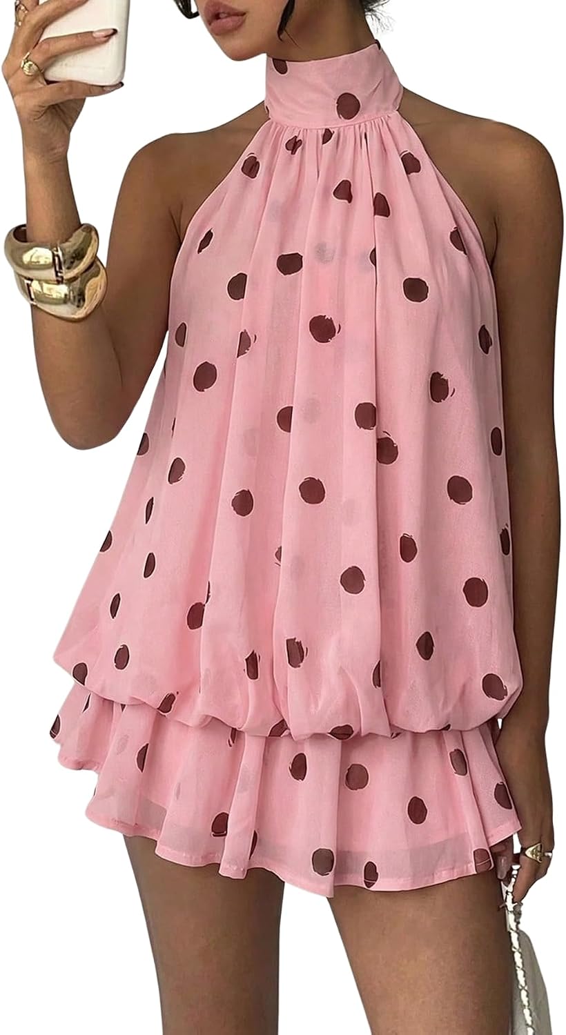 Chiffon Halter Drop-Waist Ruffle-Hem Mini Dress in Polka Pink