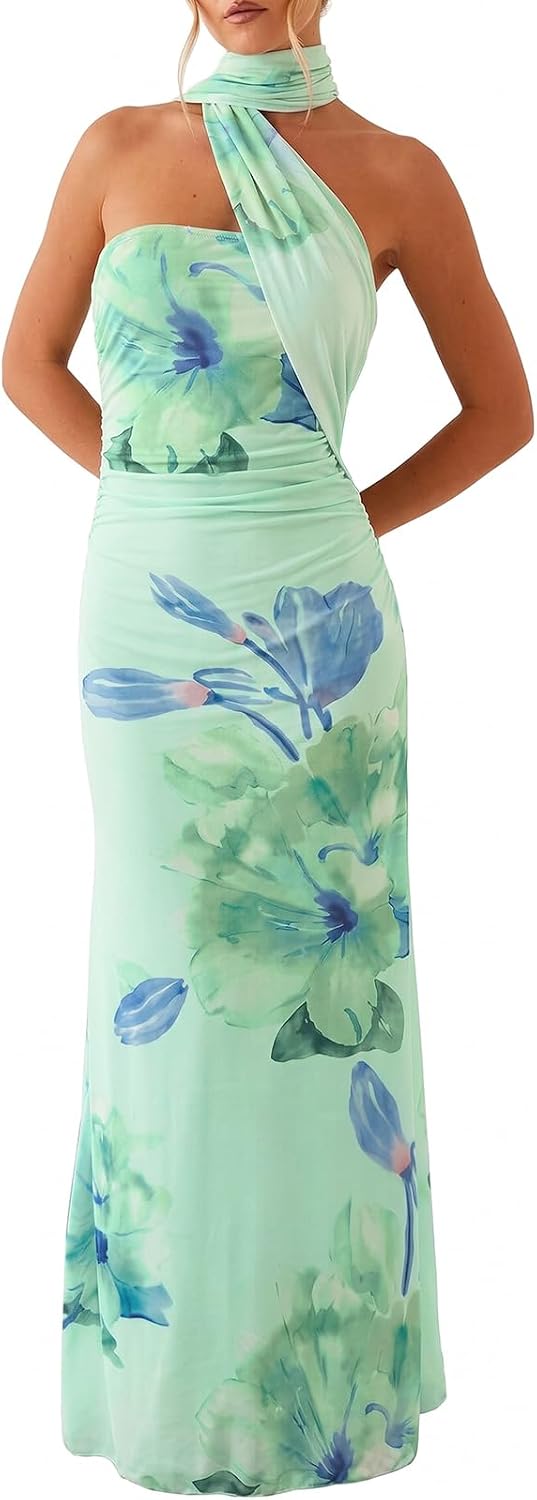 Floral Strapless Tube Maxi Dress with Scarf in Green