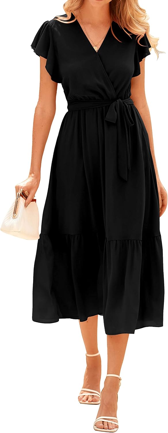 Swiss Dot Wrap V-Neck Belted Midi Dress in Solid Black