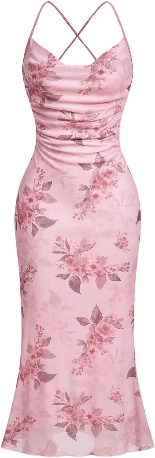 Floral Mesh Cowl-Neck Cami Maxi Dress in Pink Floral