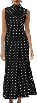 Polka Dot Mock-Neck Sleeveless Maxi Dress in Black