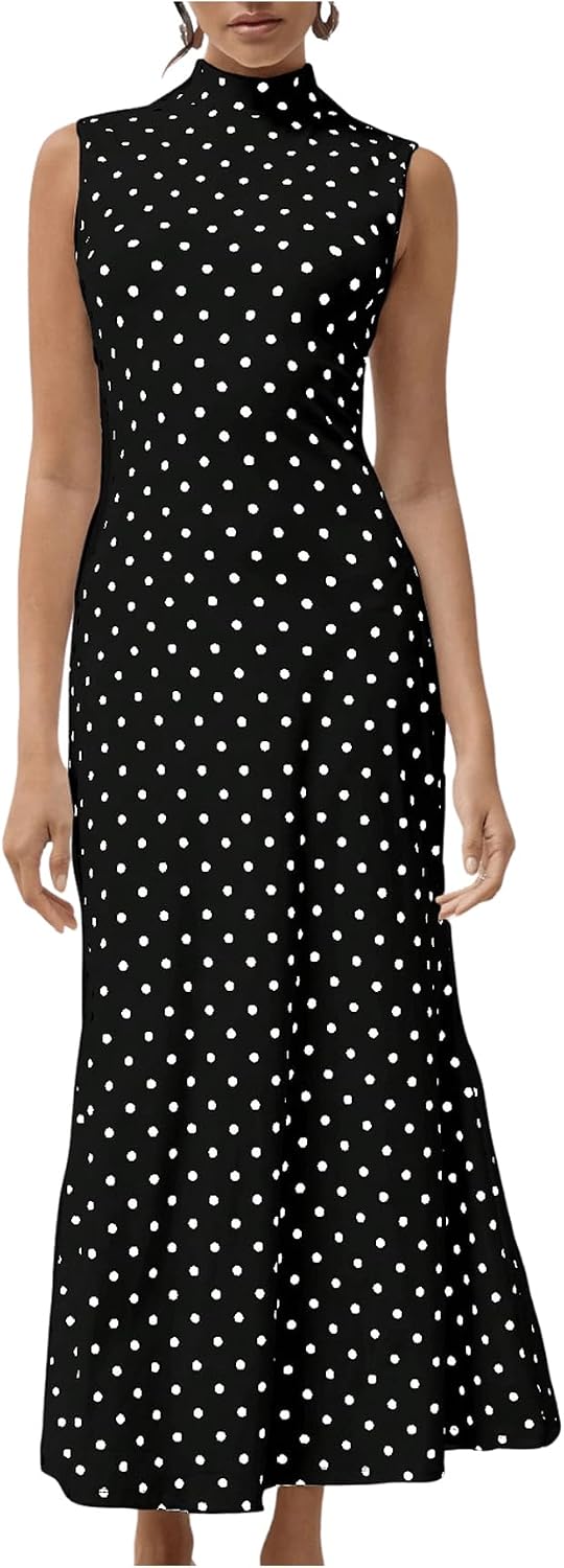 Polka Dot Mock-Neck Sleeveless Maxi Dress in Black