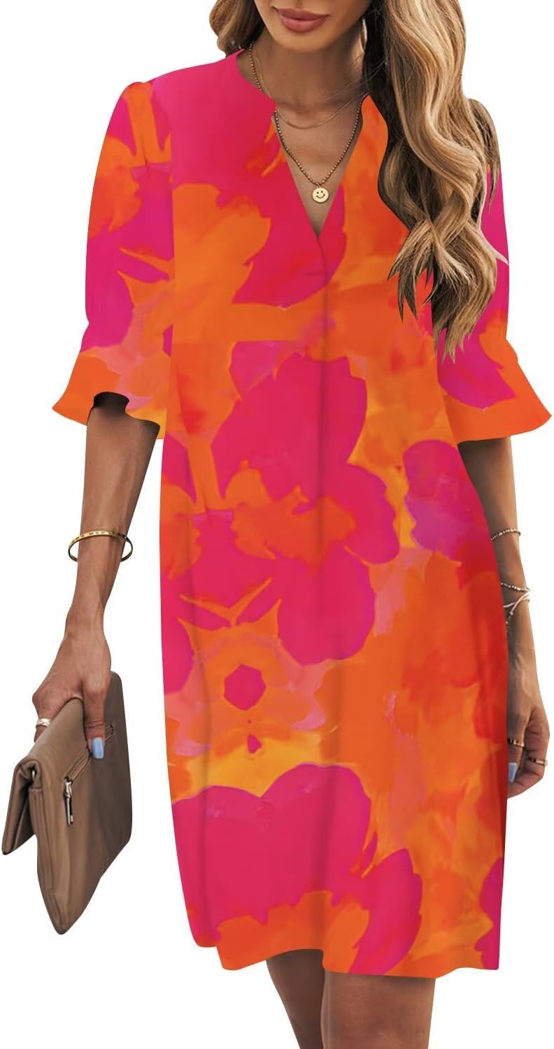 Ruffle-Sleeve V-Neck Swing Shift Mini Dress in Orange Floral