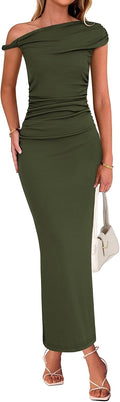 One-Shoulder Twist-Strap Ruched Maxi Dress in Army Green