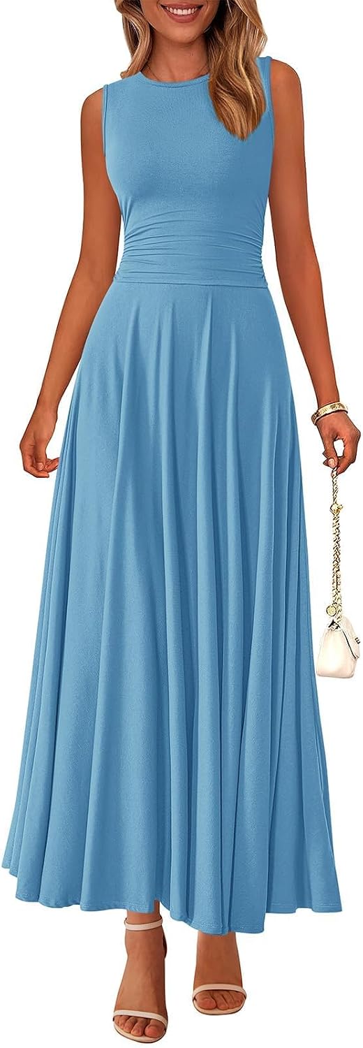 Rib Knit Crew-Neck Sleeveless A-Line Maxi Dress in Light Blue