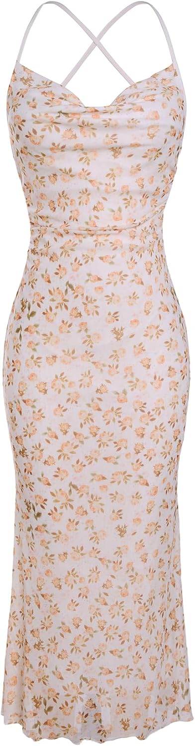 Floral Mesh Cowl-Neck Cami Maxi Dress in White and Yellow