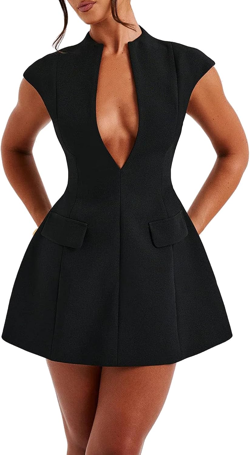 Deep V-Neck Cap-Sleeve Zip A-Line Mini Dress in Black