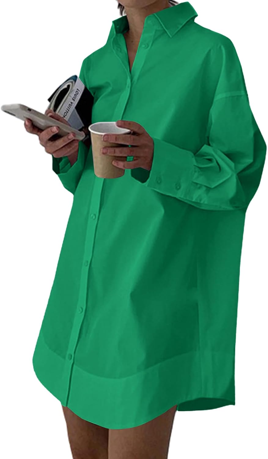 Collared V-Neck Long-Sleeve Button-Down Shirt Dress in Green