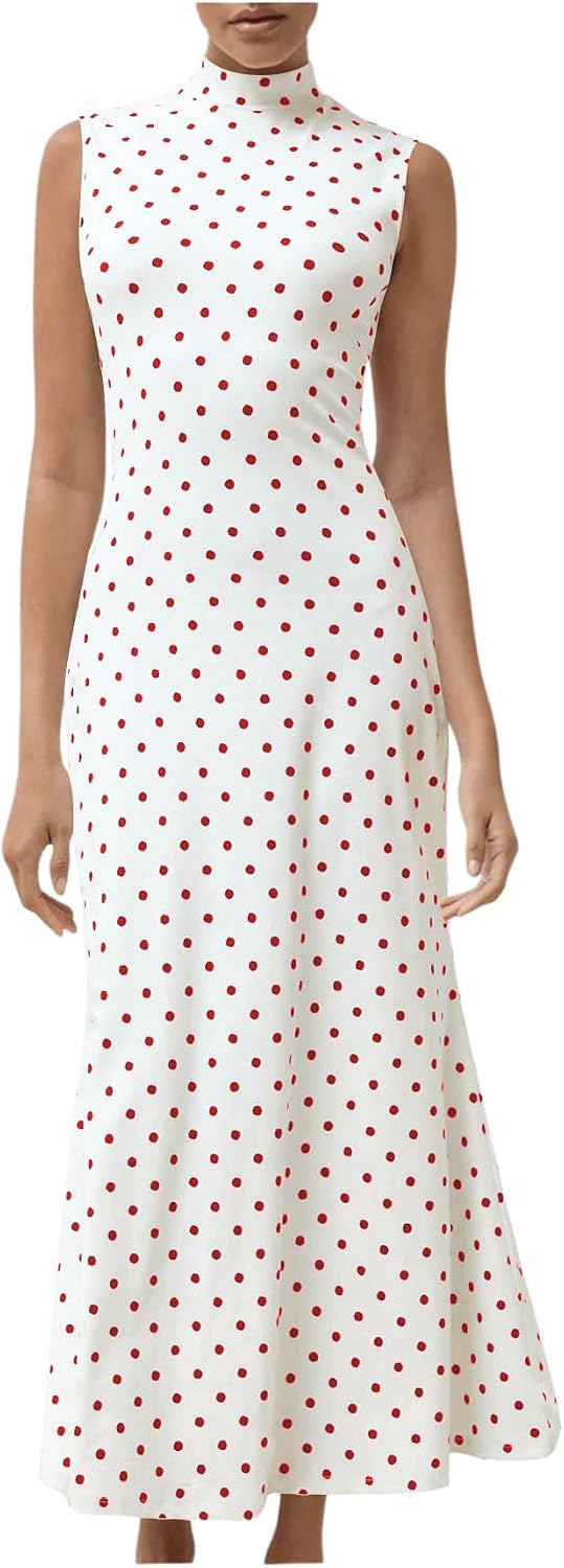 Polka Dot Mock-Neck Sleeveless Maxi Dress in White and Red