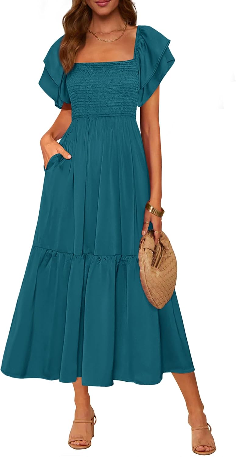 Smocked Square-Neck Ruffle-Sleeve Tiered Midi Dress in Dark Cyan