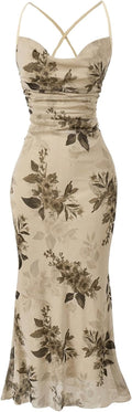 Floral Mesh Cowl-Neck Cami Maxi Dress in Apricot Floral