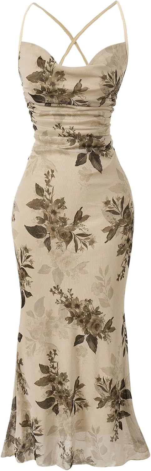 Floral Mesh Cowl-Neck Cami Maxi Dress in Apricot Floral