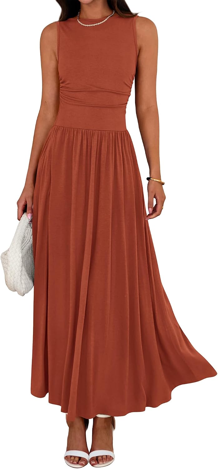 Crew-Neck Ruched Tank Maxi Dress in Brick Red