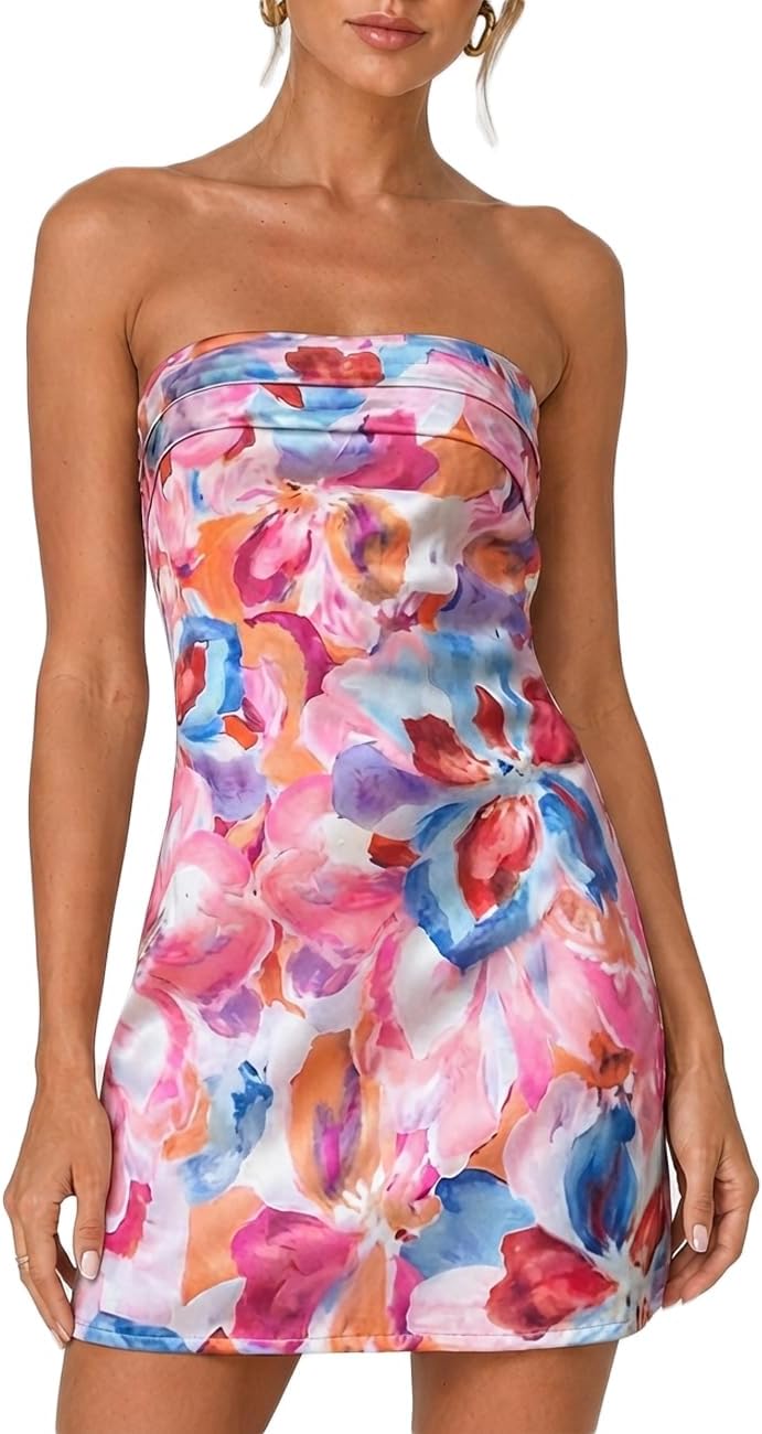 Satin Strapless Backless Tube Mini Dress in Pink Floral