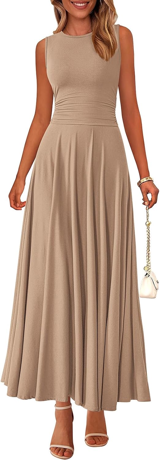 Rib Knit Crew-Neck Sleeveless A-Line Maxi Dress in Khaki