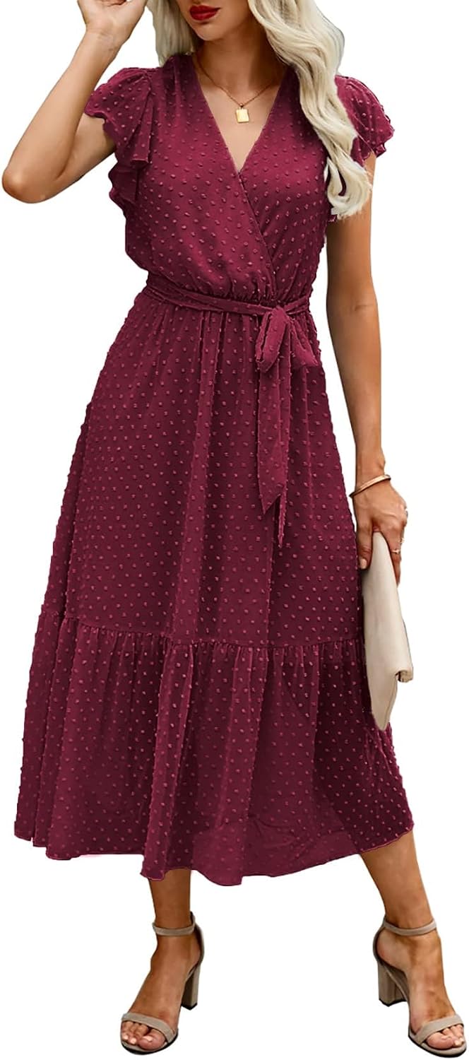 Swiss Dot Wrap V-Neck Belted Midi Dress in Swiss Dot Wine Red